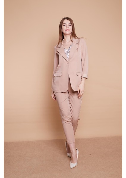 Yakalı Kolu Katlamalı Cep Kapaklı Salaş Boyfriend Oversize Hafif Likralı Kumaş Blazer Ceket -Bej