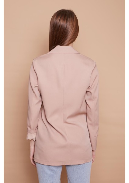 Yakalı Kolu Katlamalı Cep Kapaklı Salaş Boyfriend Oversize Hafif Likralı Kumaş Blazer Ceket -Bej modelleri