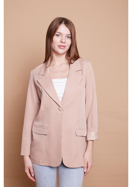 Yakalı Kolu Katlamalı Cep Kapaklı Salaş Boyfriend Oversize Hafif Likralı Kumaş Blazer Ceket -Bej indirimleri