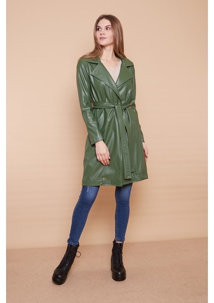 Kuşaklı Ekolojik Suni Deri Uzun Diz Altı Spor Ceket Trençkot-Haki