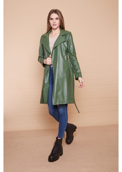 Kuşaklı Ekolojik Suni Deri Uzun Diz Altı Spor Ceket Trençkot-Haki fiyatları