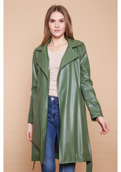 Kuşaklı Ekolojik Suni Deri Uzun Diz Altı Spor Ceket Trençkot-Haki modelleri