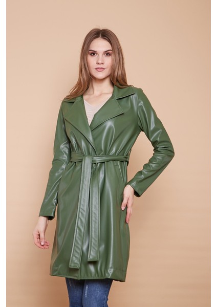 Kuşaklı Ekolojik Suni Deri Uzun Diz Altı Spor Ceket Trençkot-Haki fırsatları