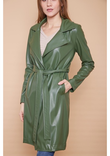 Kuşaklı Ekolojik Suni Deri Uzun Diz Altı Spor Ceket Trençkot-Haki indirimleri