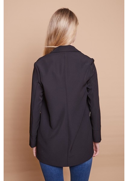 Yakalı Kolu Katlamalı Cep Kapaklı Salaş Boyfriend Oversize Hafif Likralı Kumaş Blazer Ceket-Siyah