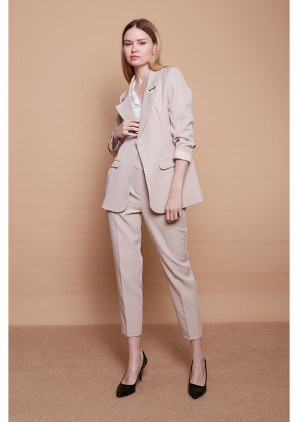 Yakalı Kolu Katlamalı Cep Kapaklı Salaş Boyfriend Oversize Hafif Likralı Kumaş Blazer Ceket-Taş