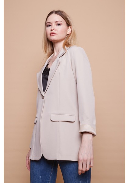 Yakalı Kolu Katlamalı Cep Kapaklı Salaş Boyfriend Oversize Hafif Likralı Kumaş Blazer Ceket-Taş indirimleri