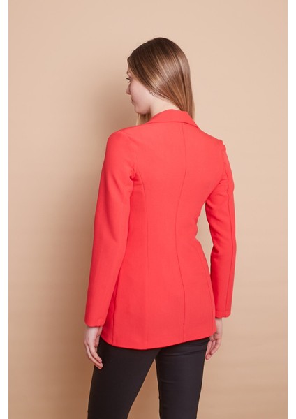 Kadın Düğme Detaylı Uzun Kol Şık Ofis Süs Cep Kapaklı Kumaş Blazer Ceket-Mercan modelleri
