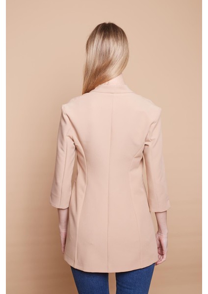 Hakim Yaka Flato Cepli Kolu Yırtmaçlı Uzun Blazer Pamuklu Likralı Kumaş Ceket -Camel fırsatları