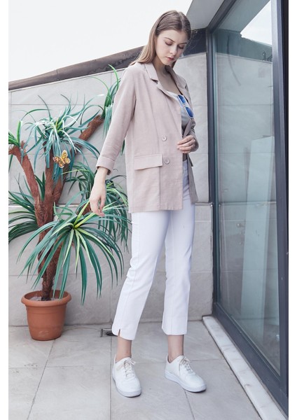 Yazlık Likrasız Keten Kumaş Yakalı Cep Kapaklı Oversize Blazer Ceket-Taş fiyatları