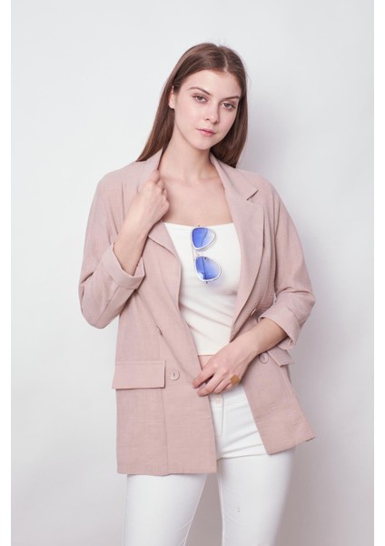 Yazlık Likrasız Keten Kumaş Yakalı Cep Kapaklı Oversize Blazer Ceket-Taş modelleri
