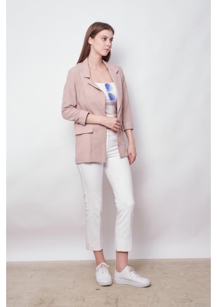 Yazlık Likrasız Keten Kumaş Yakalı Cep Kapaklı Oversize Blazer Ceket-Taş fırsatları