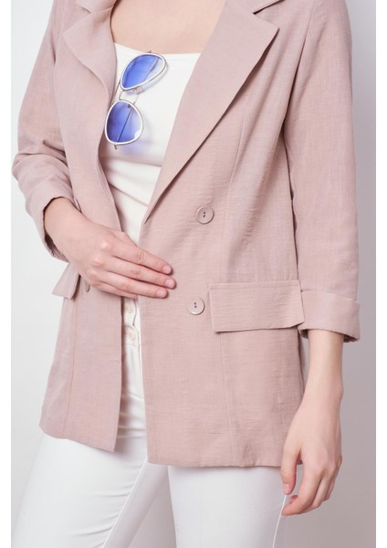 Yazlık Likrasız Keten Kumaş Yakalı Cep Kapaklı Oversize Blazer Ceket-Taş indirimleri