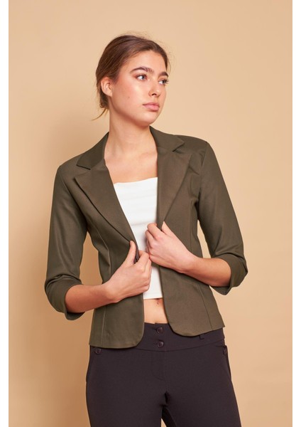 Yakalı Flato Cepli Capri Truvakar Kol Kısa Blazer Hafif Likralı Pamuklu Kumaş Ceket-Koyu Haki modelleri