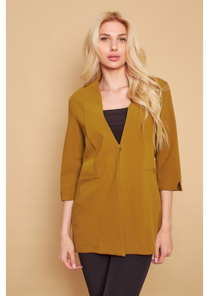 Hakim Yaka Flato Cepli Kolu Yırtmaçlı Uzun Blazer Pamuklu Likralı Kumaş Ceket-Yağ Yeşili