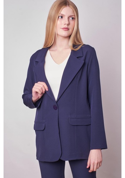 Kadın Yakalı Cep Kapaklı Uzun Kol Hafif Likralı Kumaş Oversize Blazer Ceket(Pantolonu Jument 40075)-LACIVERT modelleri