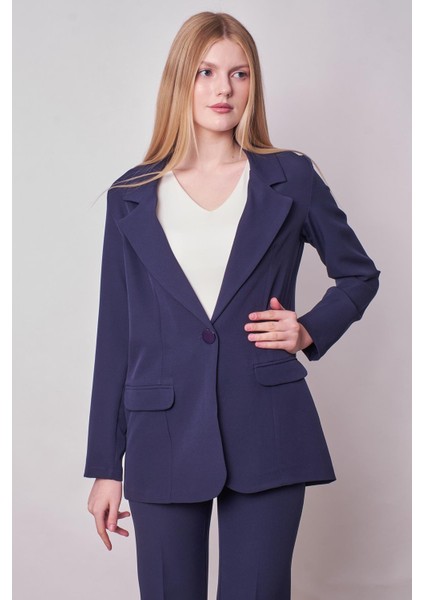 Kadın Yakalı Cep Kapaklı Uzun Kol Hafif Likralı Kumaş Oversize Blazer Ceket(Pantolonu Jument 40075)-LACIVERT indirimleri