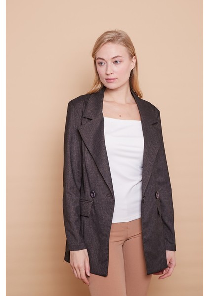Rahat Kesim Yakalı Cep Kapaklı Kolları Düğmeli Pamuklu Kumaş Uzun Blazer Ceket-Antrasit modelleri