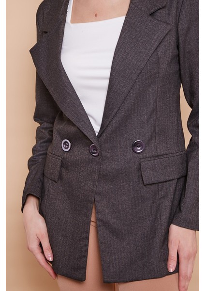 Rahat Kesim Yakalı Cep Kapaklı Kolları Düğmeli Pamuklu Kumaş Uzun Blazer Ceket-Antrasit indirimleri