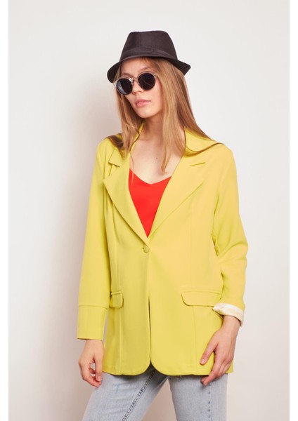 Yakalı Kolu Katlamalı Cep Kapaklı Salaş Boyfriend Oversize Hafif Likralı Kumaş Blazer Ceket-Neon Sarı fiyatları