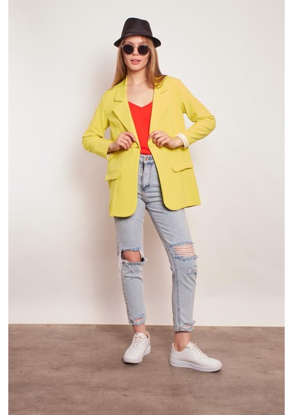 Yakalı Kolu Katlamalı Cep Kapaklı Salaş Boyfriend Oversize Hafif Likralı Kumaş Blazer Ceket-Neon Sarı modelleri