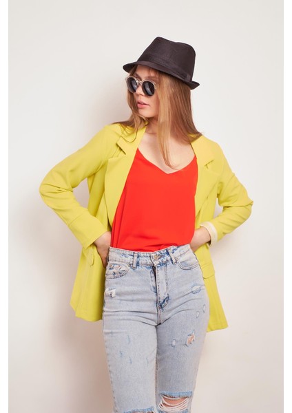 Yakalı Kolu Katlamalı Cep Kapaklı Salaş Boyfriend Oversize Hafif Likralı Kumaş Blazer Ceket-Neon Sarı fırsatları