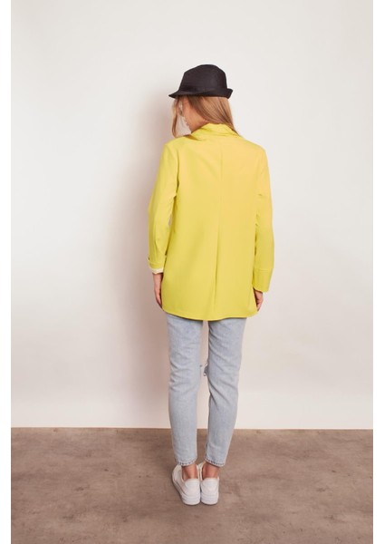 Yakalı Kolu Katlamalı Cep Kapaklı Salaş Boyfriend Oversize Hafif Likralı Kumaş Blazer Ceket-Neon Sarı indirimleri