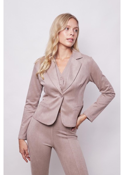Kadın Kadife Likralı Yumuşak Dokulu Flato Cepli Uzun Kol Düğmeli Blazer Mono Ceket-Bej modelleri