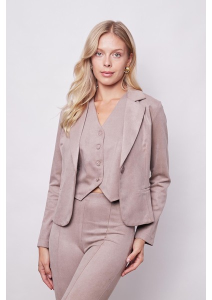 Kadın Kadife Likralı Yumuşak Dokulu Flato Cepli Uzun Kol Düğmeli Blazer Mono Ceket-Bej fırsatları