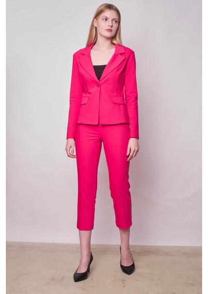 Kadın Yakalı Cep Kapaklı Uzun Kol Hafif Likralı Kumaş Blazer Ceket(Pantolon Jument 40076)-FUJYA