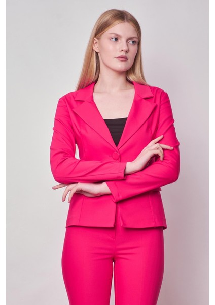 Kadın Yakalı Cep Kapaklı Uzun Kol Hafif Likralı Kumaş Blazer Ceket(Pantolon Jument 40076)-FUJYA