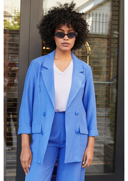 Kadın Ipeksi Dokulu Modal Kumaş Yakalı Cep Kapaklı Oversize Salaş Blazer Ceket-Indigo modelleri