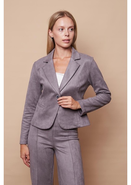 Hafif Likralı Süet Kumaş Flato Cepli Uzun Kol Kısa Blazer Ceket-Gri modelleri
