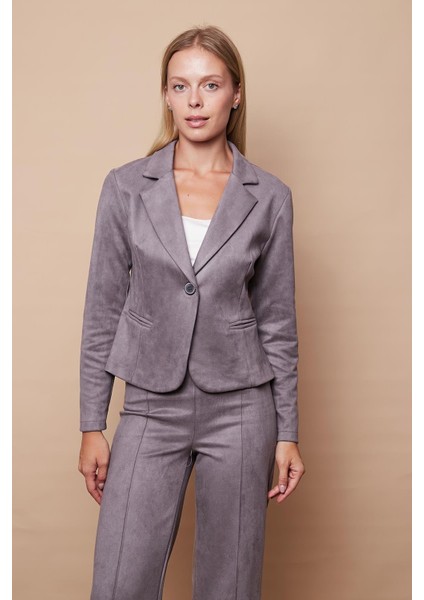 Hafif Likralı Süet Kumaş Flato Cepli Uzun Kol Kısa Blazer Ceket-Gri fırsatları