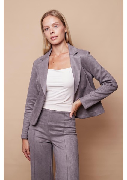Hafif Likralı Süet Kumaş Flato Cepli Uzun Kol Kısa Blazer Ceket-Gri indirimleri