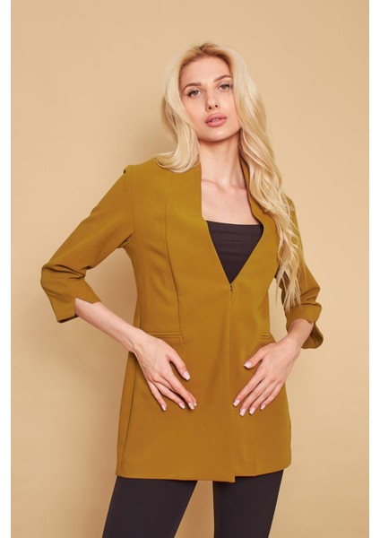 Hakim Yaka Flato Cepli Kolu Yırtmaçlı Uzun Blazer Pamuklu Likralı Kumaş Ceket-Yağ Yeşili modelleri