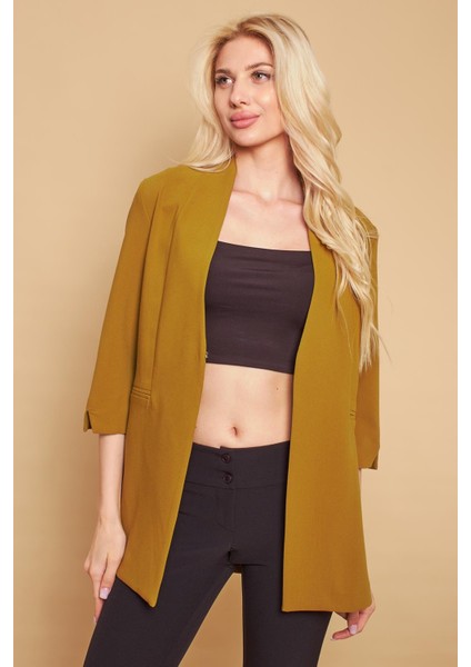 Hakim Yaka Flato Cepli Kolu Yırtmaçlı Uzun Blazer Pamuklu Likralı Kumaş Ceket-Yağ Yeşili fırsatları