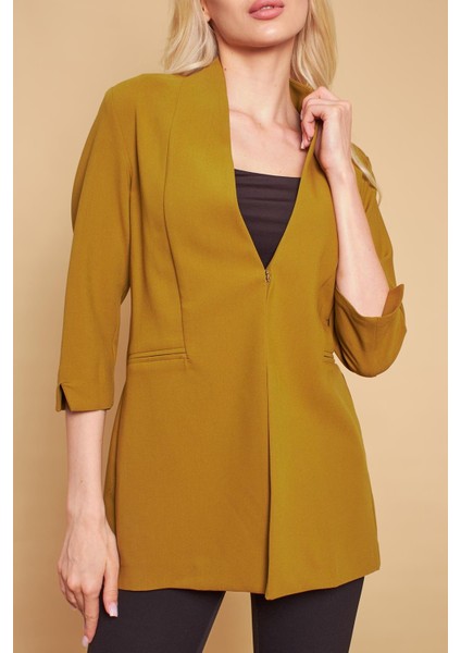 Hakim Yaka Flato Cepli Kolu Yırtmaçlı Uzun Blazer Pamuklu Likralı Kumaş Ceket-Yağ Yeşili indirimleri