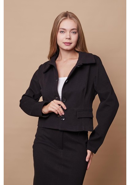 Kadın Likralı Kaşe Kumaş Yakalı Cep Kapaklı Uzun Kol Düğmeli Kısa Blazer Ceket Kaban-Siyah fiyatları