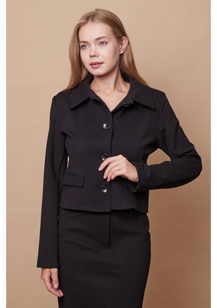 Kadın Likralı Kaşe Kumaş Yakalı Cep Kapaklı Uzun Kol Düğmeli Kısa Blazer Ceket Kaban-Siyah fırsatları