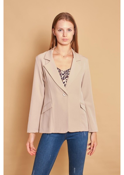 Yakalı Cep Kapaklı Uzun Kol Hafif Likralı Kumaş Ofis Blazer Ceket-Taş