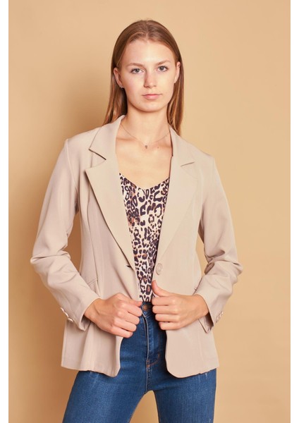 Yakalı Cep Kapaklı Uzun Kol Hafif Likralı Kumaş Ofis Blazer Ceket-Taş