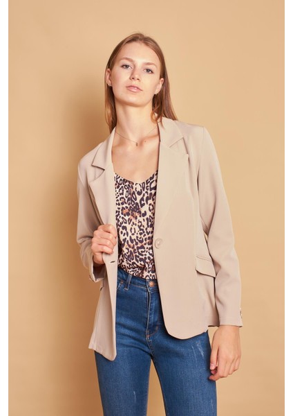 Yakalı Cep Kapaklı Uzun Kol Hafif Likralı Kumaş Ofis Blazer Ceket-Taş