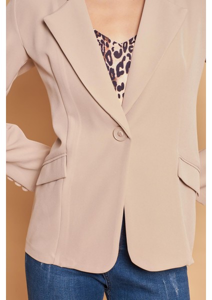 Yakalı Cep Kapaklı Uzun Kol Hafif Likralı Kumaş Ofis Blazer Ceket-Taş