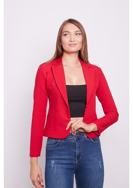 Yakalı Flato Cepli Uzun Kol Pamuklu Kumaş Kısa Blazer Ofis Ceket -Kırmızı