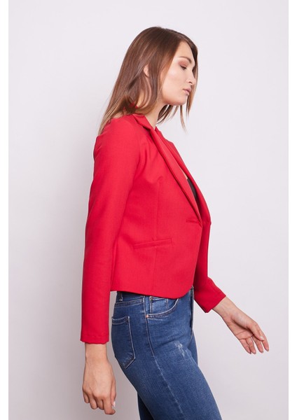 Yakalı Flato Cepli Uzun Kol Pamuklu Kumaş Kısa Blazer Ofis Ceket -Kırmızı fiyatları