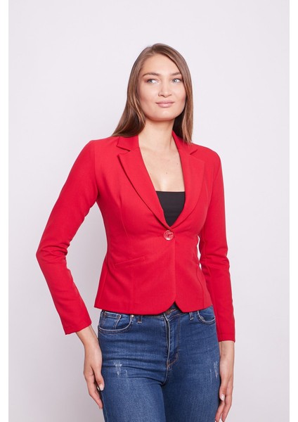 Yakalı Flato Cepli Uzun Kol Pamuklu Kumaş Kısa Blazer Ofis Ceket -Kırmızı fırsatları