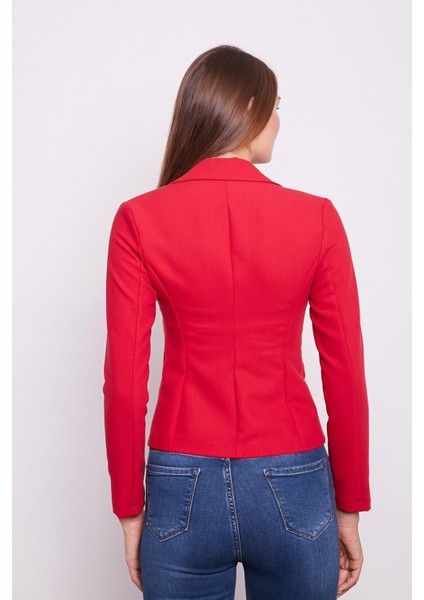 Yakalı Flato Cepli Uzun Kol Pamuklu Kumaş Kısa Blazer Ofis Ceket -Kırmızı indirimleri