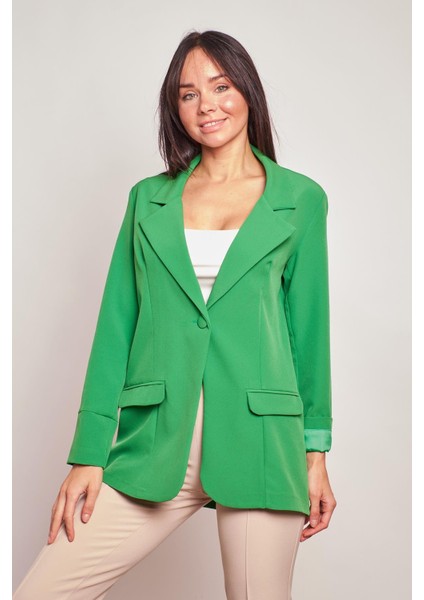 Yakalı Kolu Katlamalı Cep Kapaklı Salaş Boyfriend Oversize Hafif Likralı Kumaş Blazer Ceket-Yeşil
