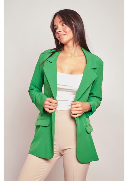 Yakalı Kolu Katlamalı Cep Kapaklı Salaş Boyfriend Oversize Hafif Likralı Kumaş Blazer Ceket-Yeşil fiyatları